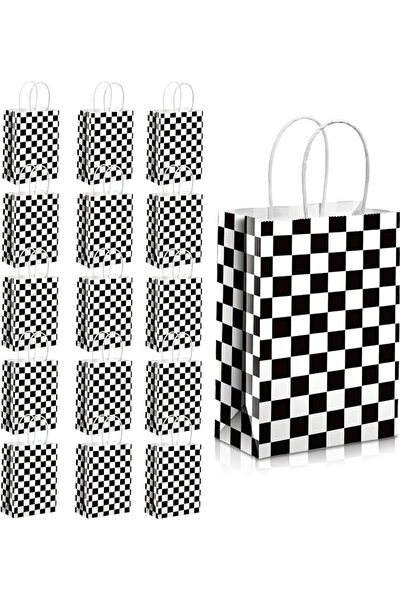 SYOSI Paper Party Favor Bags, 16 Pcs, Checkered Racing Flag Design, Black and...