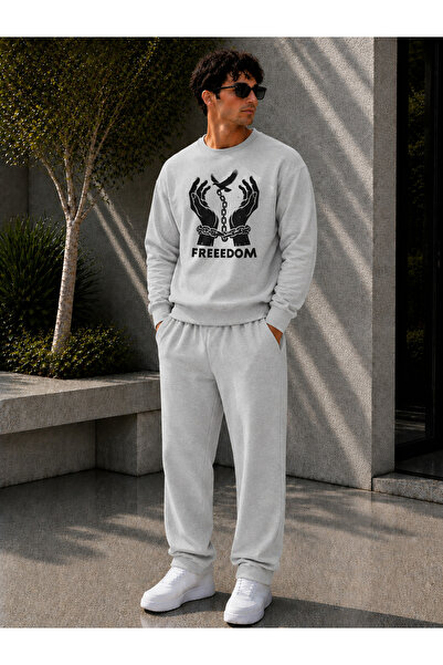 caddekombin Men's Freedom Printed Crew Neck Regular Fit Men's Tracksuit Set /...