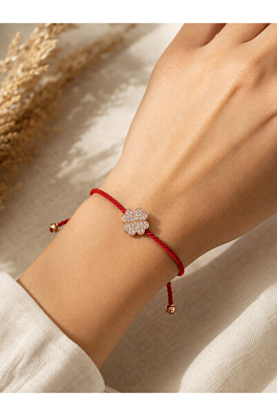 Beatis Red String Zircon Stone Four-Leaf Clover Rose Gold Detailed Adjustable...
