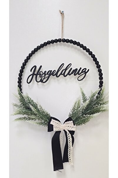MUJA DEC Siyah Ahşap Boncuklu Hoşgeldiniz Yazılı Kapı Süsü 27 cm - Modern Şık...