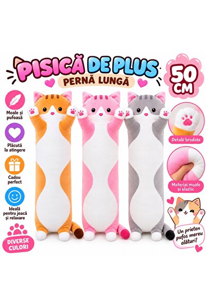 SHOP LIKE A PRO Jucărie de Plus Pernă Pisică, 50 cm, Moale și Pufoasă, Culori...