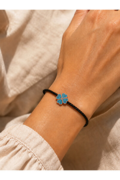 Beatis Black String Turquoise Zircon Stone Four-Leaf Clover Rose Gold Detaile...