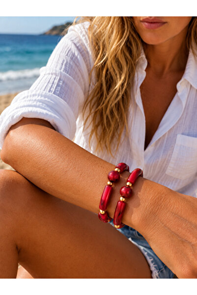 COCOSH TAKI Red Beaded Bracelet with Gold Details and Dual Multi-Combination ...