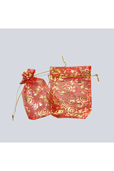 Renk İthalat Tül Kese Kırmızı 9x12 cm 100'lü Paket Altın Desenli Kına Çerez K...