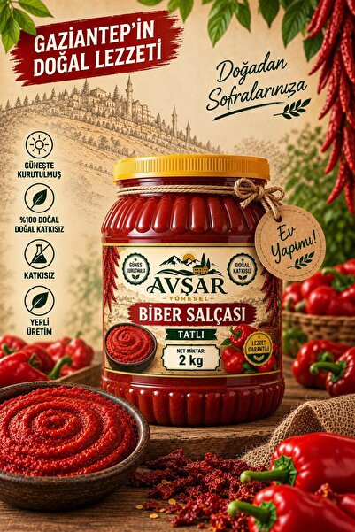 AVŞAR YÖRESEL GAZİANTEP GÜNEŞ KURUTMASI TATLI BİBER SALÇASI 2 KG