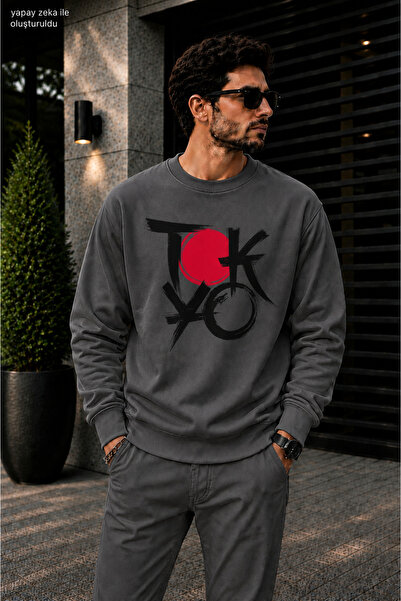 caddekombin Men's Tokyo Japanese Brush Art Printed Cycling Round Neck Casual ...