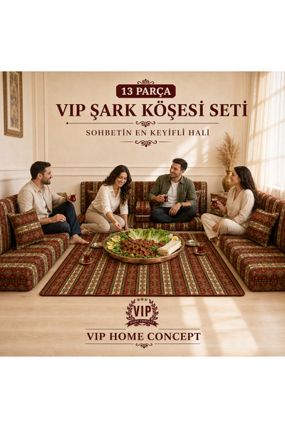 Vip Home Concept 13 Parça Şark Köşesi Takımı Süngerli U Model Yer Minderi Set...