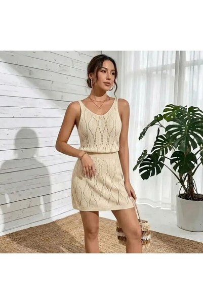 Generic Brand 100% Cotton Leaf Pattern Openwork Short Strap Knitwear Beach Dress with Elastic Waist
