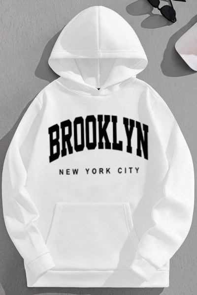K KOZZ STYLE Unisex 3-κλωνο βαμβακερό λευκό φούτερ με στάμπα BrooklynNYC με κ...