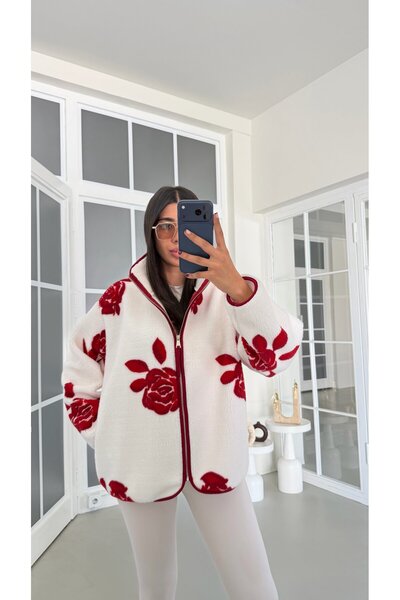 GAUS CO Kırmızı Gül Desenli Fermuarlı Polar Sweatshirt GAUS-01916