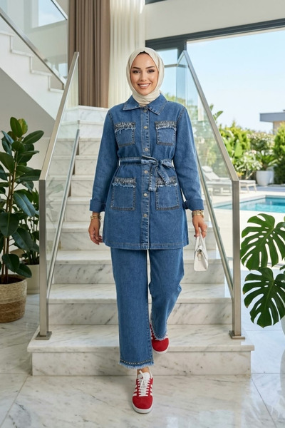 Hb Harma Time Butik طقم نسائي مكون من قطعتين: تونيك بتفاصيل حجرية وجيوب وبنطل...