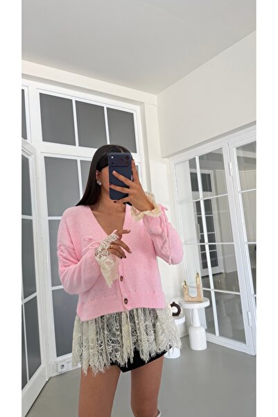 GAUS CO Pembe Dantel Detaylı Triko Hırka GAUS-01944