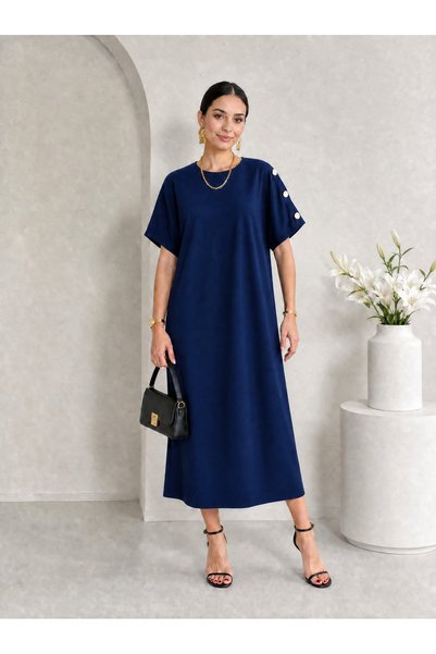 Missrelda Moda فستان نسائي كاجوال واسع بياقة دائرية وأكمام مزينة بأزرار