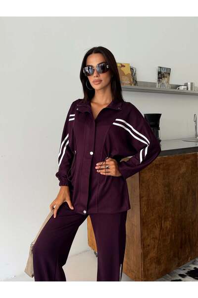 ceymoda Women's Modal Fabric Stripe Detailed Double Top and Bottom Set with S...