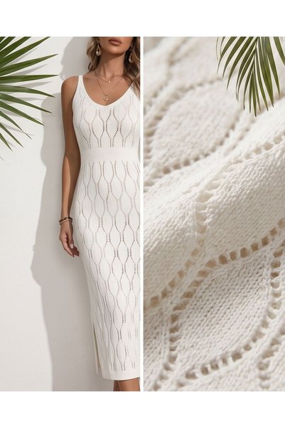 Generic Brand 100% Cotton Leaf Pattern Long Knitwear Beach Dress with Elastic Waist