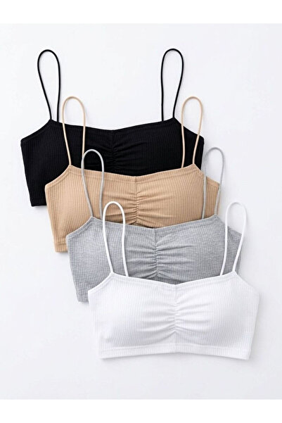 KOZZ STYLE Women's Drawstring Strap Set of 4 Super Crop Blouses Black Mink Gr...
