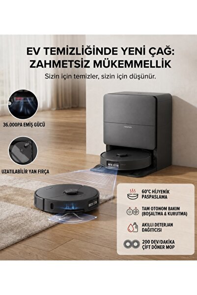 Roborock 100°C Sıcak Suyla Paspas Yıkayan İstasyonlu Robot Süpürge, Çift Döne...