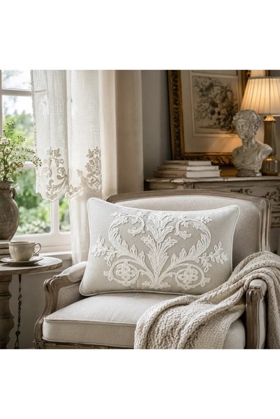 CASA NATURALE Versay Ecru Chenille Embroidered Throw Pillow Cover