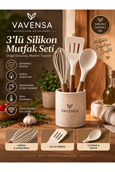 VAVENSA 3'lü Silikon Mutfak Seti Bambu Saplı Spatula Kaşık Çırpıcı Isıya Daya...