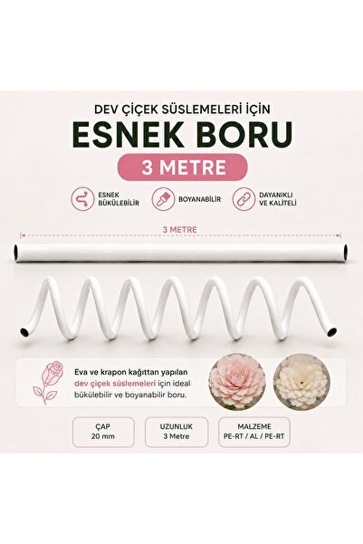 roco paper Dev Çiçek Yapım Borusu - 3 Metre, Eva, Krapon, Organze Tül İçin Es...