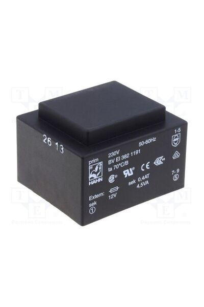 OEM Transformator capsulat HAHN BVEI3821185, 4.5VA, 230VAC, 6V, 750mA, PCB, BVEI