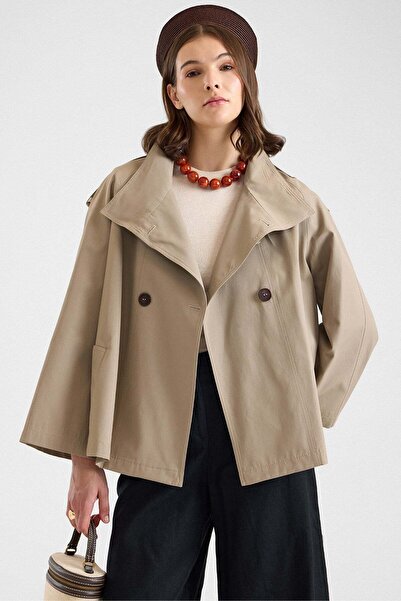 Olcay High Collar Wide Sleeve Water Repellent Short Trench Coat Stone 6894