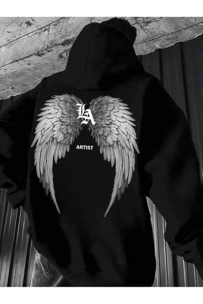 modaberry Μαύρο Φούτερ La Artist - Τυπωμένο Oversize Φούτερ με Κουκούλα