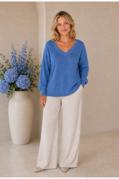 MARWARİ OTANTİK BUTİK V-Neck Back and Front Mercerized Modern Blouse with Str...