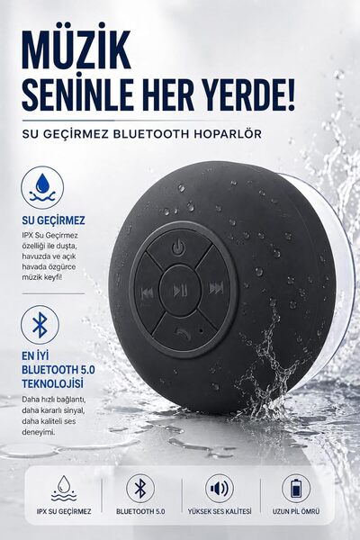 Coverzone Su Geçirmez Bluetooth Hoparlör ENT Vantuzlu Havuzda Yağmurlu Havalarda IPx4 3W Kaliteli Se