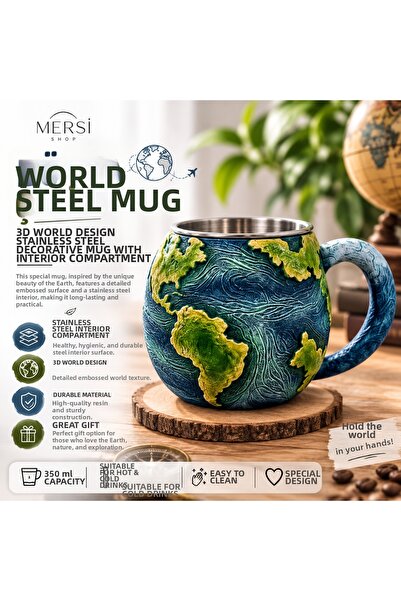 Mersi SHOP World Map Figured Steel Mug 3D Earth Design Decorative Mug with St...