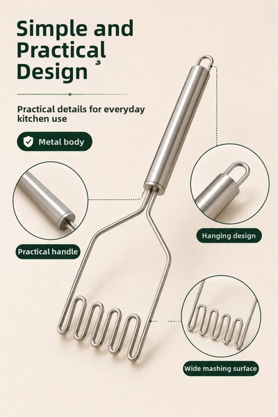 FLY LIFE Stainless Steel Potato Masher Metal Puree Apparatus Vegetable and Fruit Crusher Press