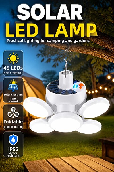canrodi Lampă solară pliabilă cu 5 aripi pentru camping cu LED-uri – 45 LED-u...