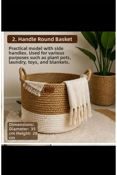 SHLM TEKSTİL 35X40 Round Basket with Handle, Bathroom Basket, Two-Color Flowe...