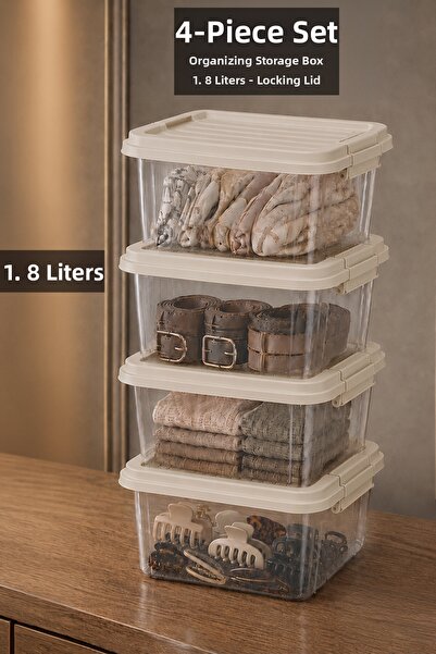 Meleni Home 4 Pieces 1.8Lt Elora Organizer Box - Multi-Purpose Lockable Lid J...