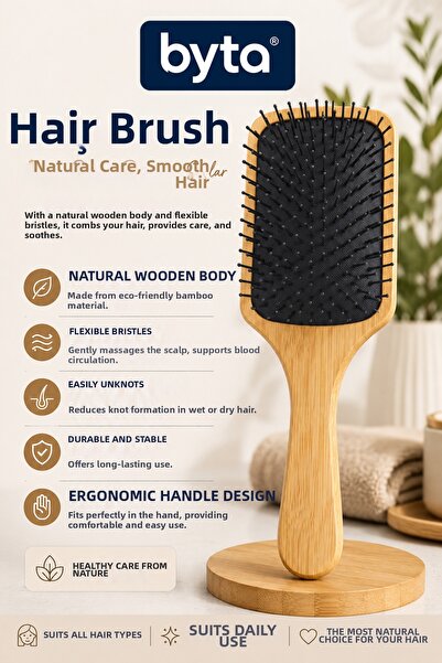 BYTA Bamboo Wood Hairbrush – Wide Surface, Flexible Tips, Detangling Ergonomi...
