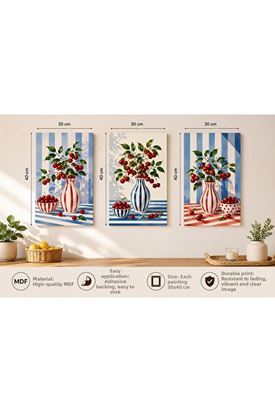 AR AJANS KANVAS TABLO Cherry Garden – Red Blue Cherry Vase 3-Piece Decorative...