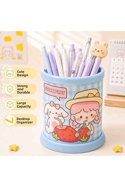 synshop Kawaii Blue Girl Strawberry Pattern Desktop Pen Holder Organizer – La...