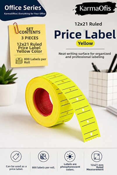 KarmaOfis 12X21 Striped Price Tag Highlighter Yellow Label Roll 3 Pieces
