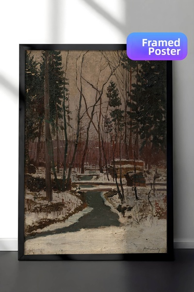 Zestia Impressionist Wall Painting with Black Frame, Creek Scenery in Snowy F...