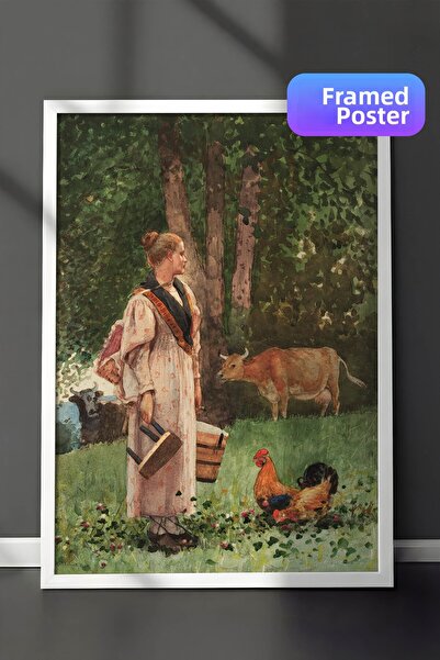 Zestia Pictură murală de artă clasică cu ramă albă, Fetița lăptărească și vac...