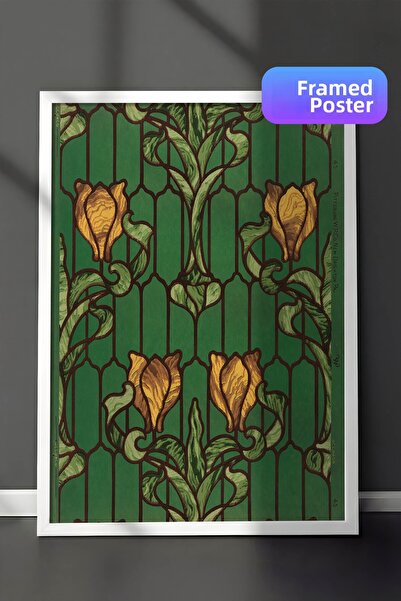 Zestia Pictură murală Art Nouveau în ramă albă, model de lalele din vitraliu ...