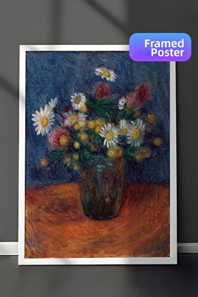Zestia Impressionist Wall Painting with White Frame, Daisy Bouquet on Blue Ba...
