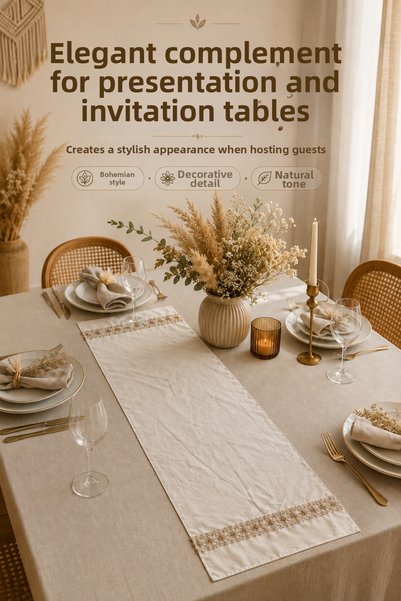 Kitchen Vogue Bohemian Table Runner with Lace Detail 150X45 cm Ecru Decorative Tablecloth