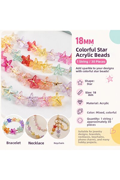 E.B EBRULİ BONCUK 18 mm Colorful Star Acrylic Beads (1 String / 30 Pieces)