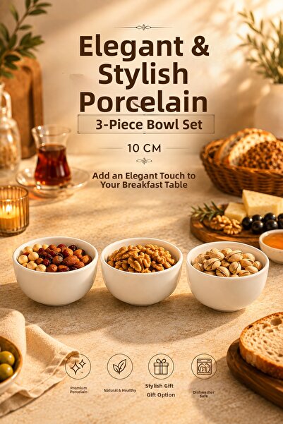 Porsima Snap 3-Piece Porcelain Snack Bowl and Breakfast Bowl Set – 10 cm Whit...