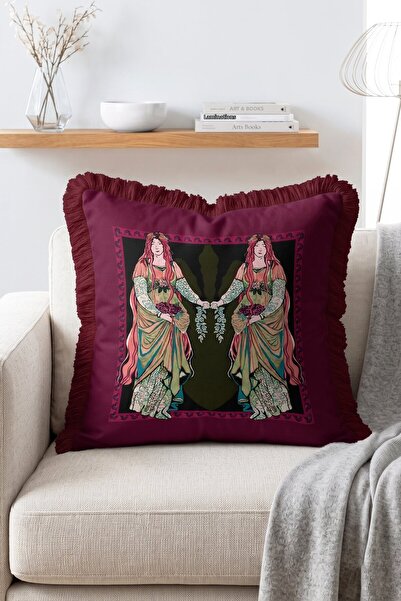 IdeCraft Art Nouveau Twin Female Figures Vintage Burgundy Decorative Fringed ...