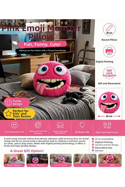 AZİZ OYUNCAK 🩷   Fuchsia Emoji Monster Pillow Humorous Round Decorative Pill...