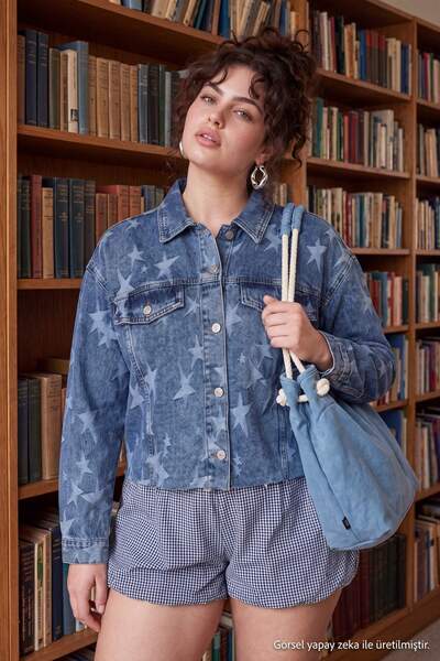 Trendyol Curve Blue Star Pattern Shirt Collar Crop Length Denim Plus Size Jac...
