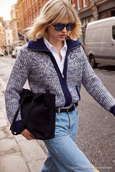 Trendyol Collection Navy Blue Soft Textured Coat-Looking Knitwear Cardigan Tw...