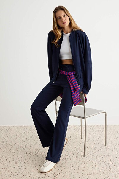 Trendyol Collection Navy Blue Relaxed High Collar Zippered Spanish Leg Soft T...